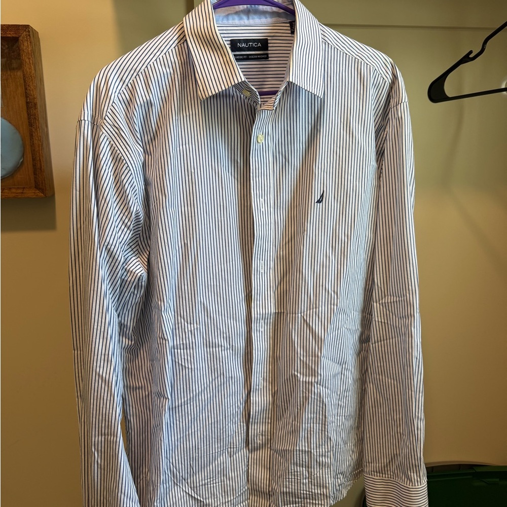Nautica Men’s White Dress Shirt with Blue Pinstripes